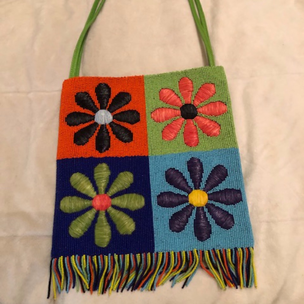 RARE MOSHINO BEADED MULTI COLOR & LIME GREEN LEATHER HANDBAG